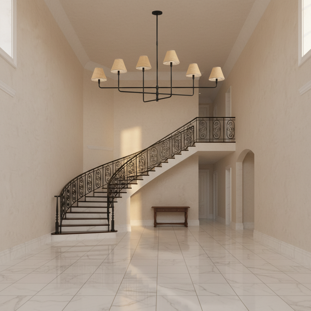 Riviko Veridian Rattan 6-Light Chandelier - grand American foyer with soaring ceiling