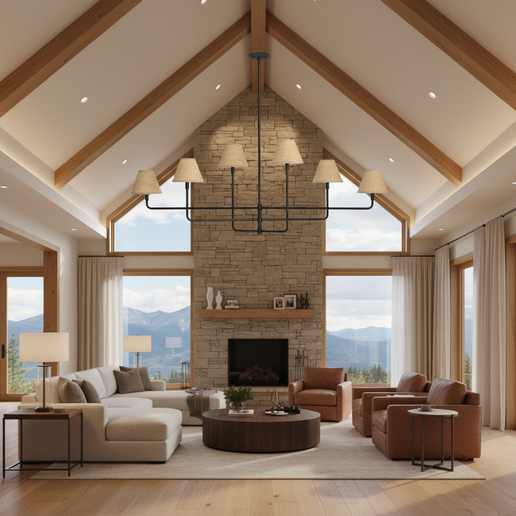 Riviko Veridian Rattan 6-Light Chandelier - luxury American great room with cathedral ceiling