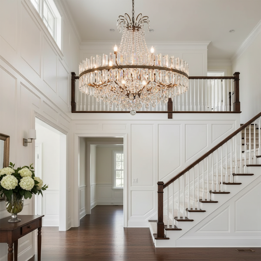 Riviko Grand Horizon Chandelier - elegant American entryway with arched doorway