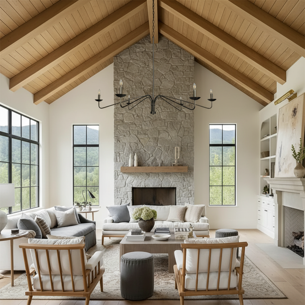 Riviko Grand Horizon Chandelier - American transitional great room with cathedral ceiling