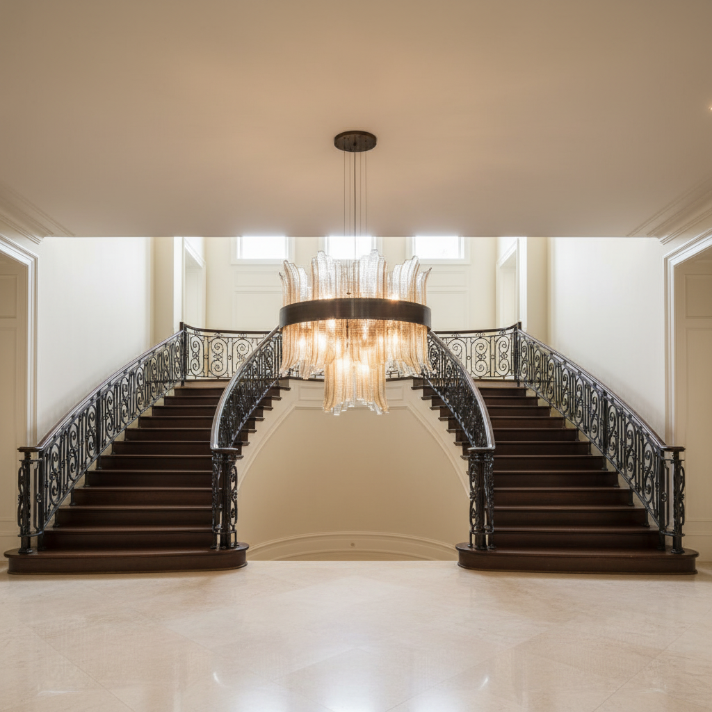 Riviko Grand Mariner 24-Light Chandelier - dramatic American stairwell with soaring ceiling