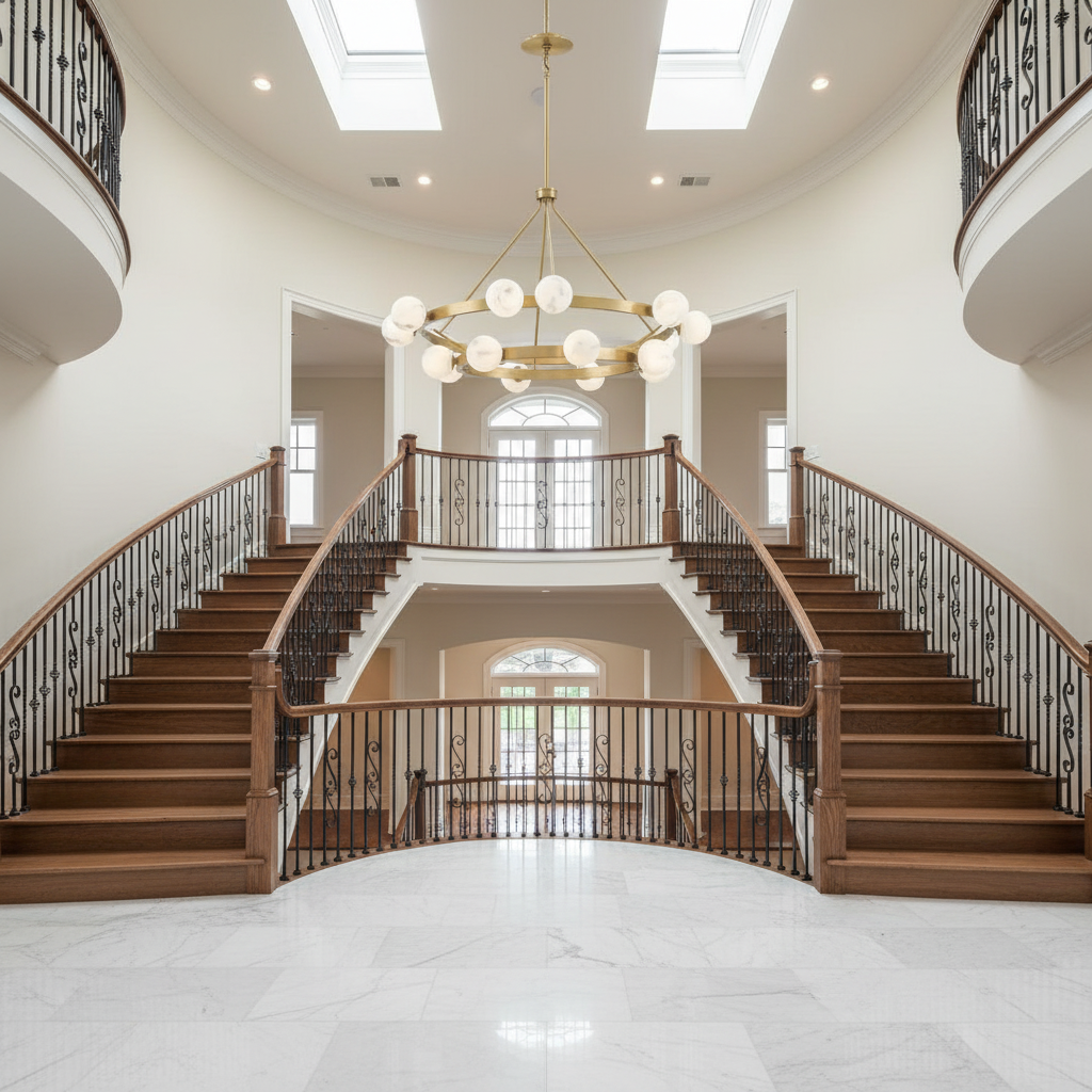 Riviko Veridian Bloom Alabaster 2-Tier Chandelier - dramatic American stairwell with three-story void