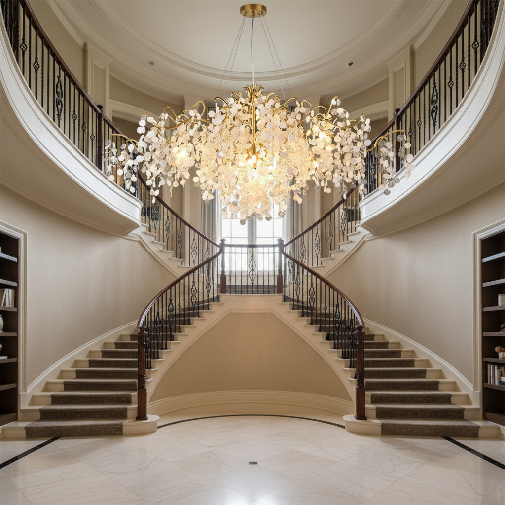 Riviko Verdant Bloom Oval Chandelier - dramatic American stairwell with soaring ceiling