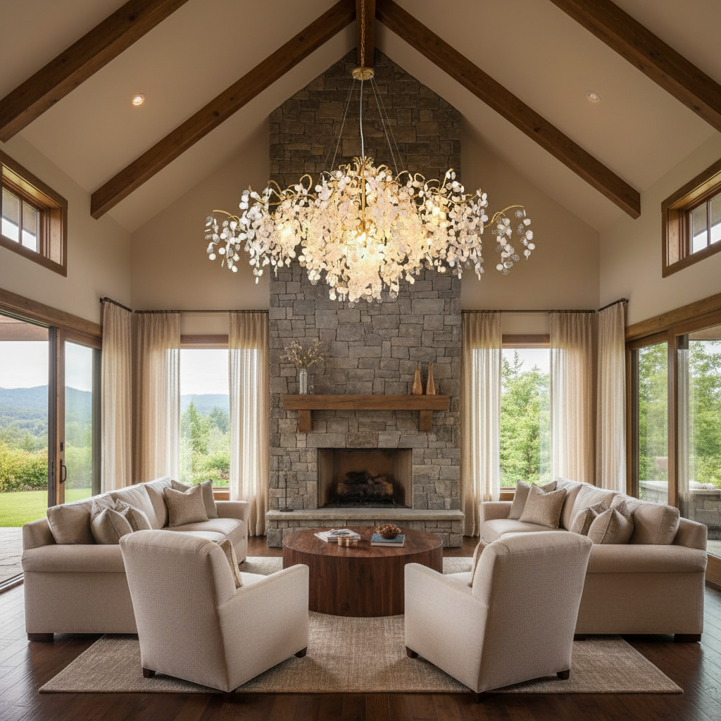 Riviko Verdant Bloom Oval Chandelier - American transitional great room with cathedral ceiling