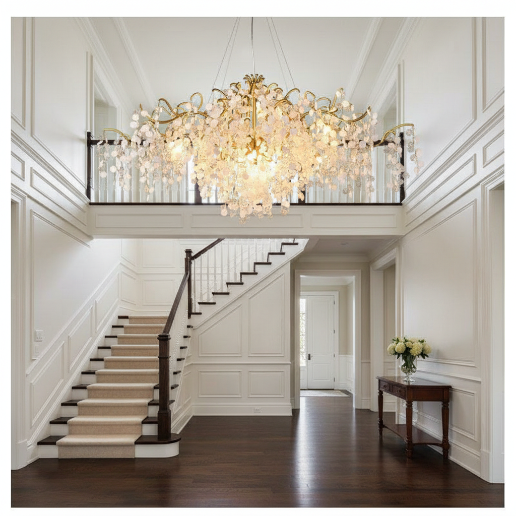 Riviko Verdant Bloom Oval Chandelier - elegant American entryway with arched doorway