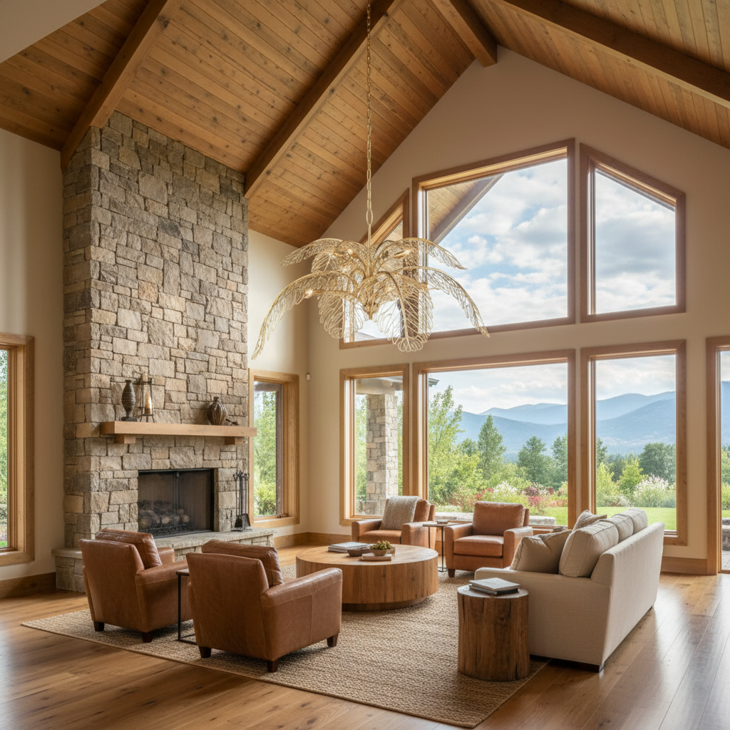 Riviko Veridian Bloom Brass Chandelier - American transitional great room with cathedral ceiling