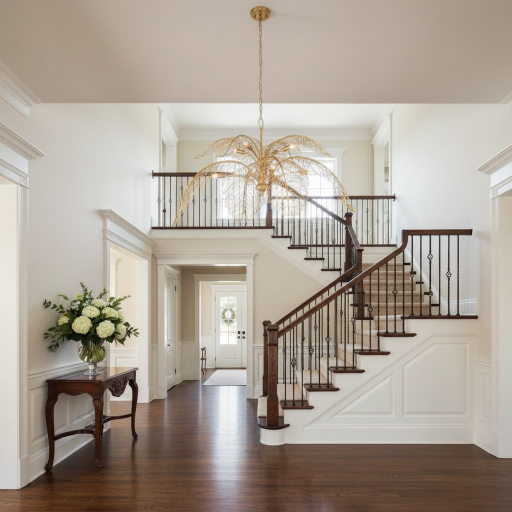 Riviko Veridian Bloom Brass Chandelier - elegant American entryway with arched doorway