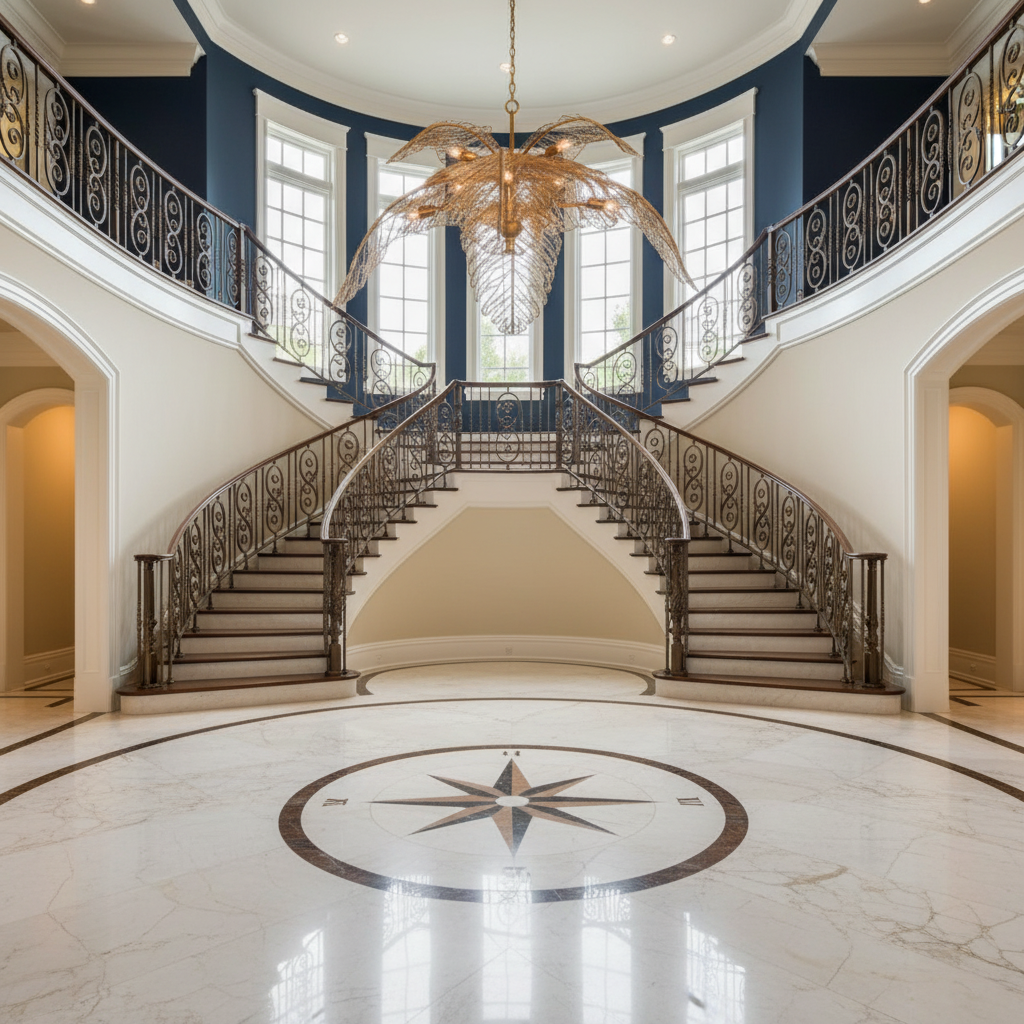 Riviko Veridian Bloom Brass Chandelier - grand American foyer with two-story ceiling