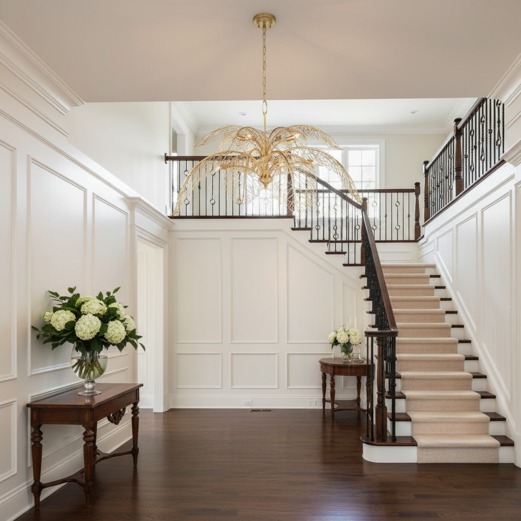 Riviko Taormina Brass Chandelier - elegant American entryway with arched doorway