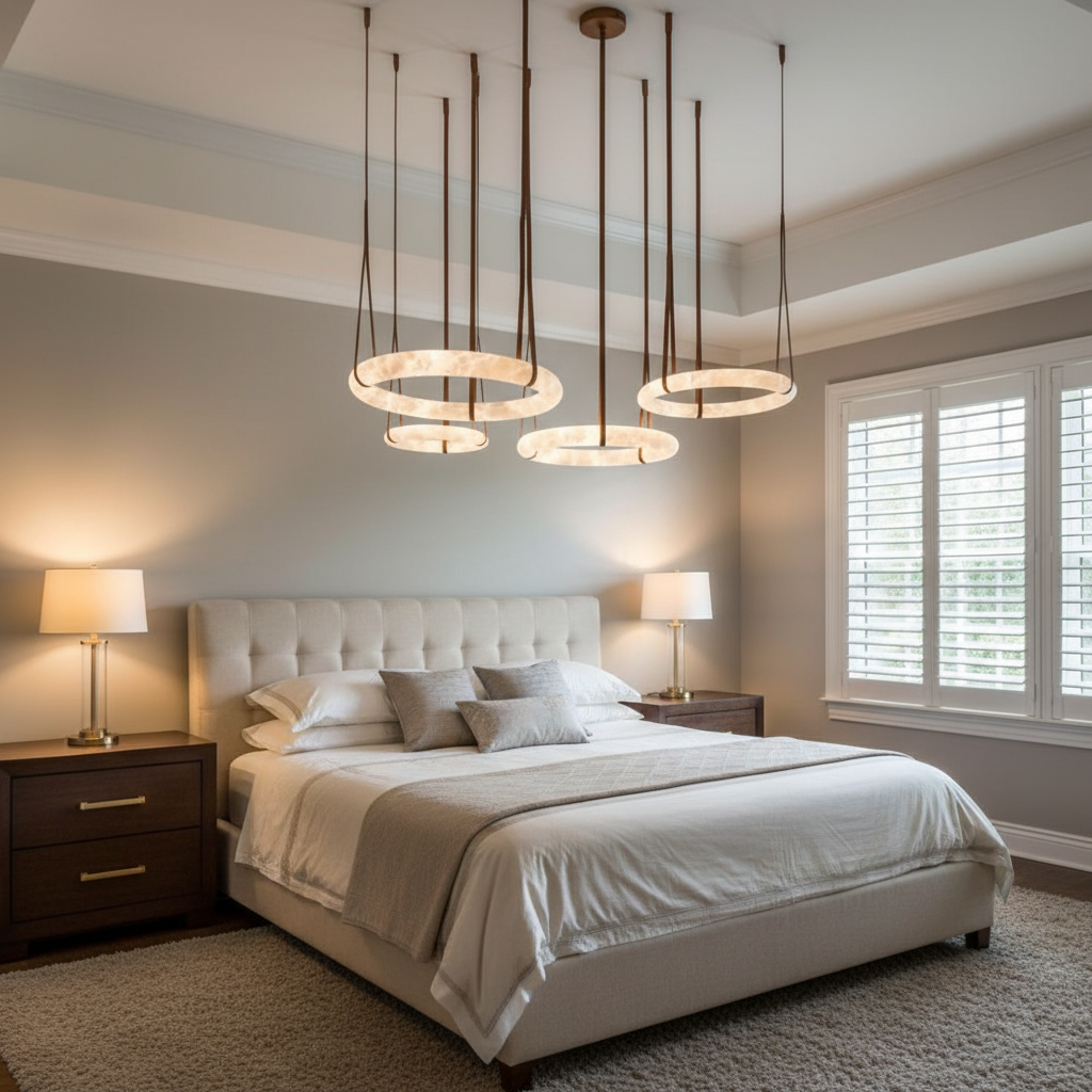 Riviko Alabaster Aura Round Pendant Chandelier - American master bedroom with tray ceiling