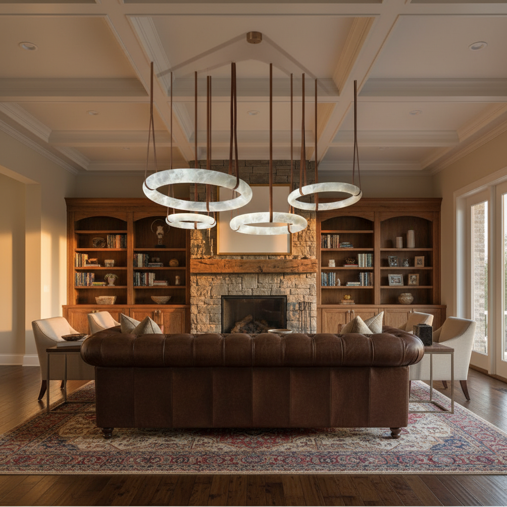 Riviko Alabaster Aura Round Pendant Chandelier - American transitional living room with coffered ceiling