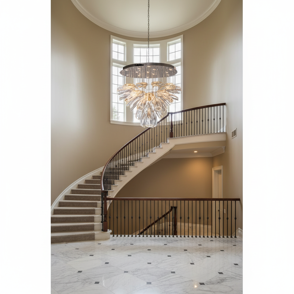 Riviko Bloom Petal Glass Foyer Chandelier - dramatic American stairwell with soaring ceiling
