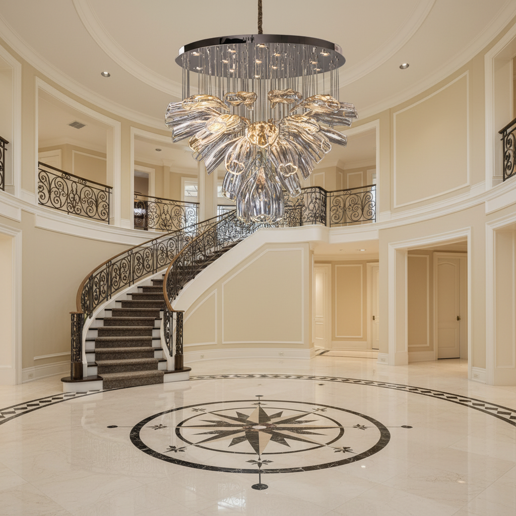 Riviko Bloom Petal Glass Foyer Chandelier - grand American foyer with two-story ceiling