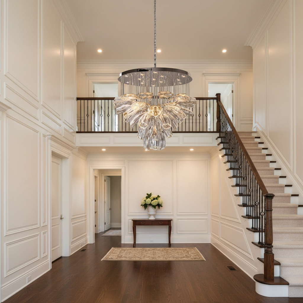 Riviko Bloom Petal Glass Foyer Chandelier - elegant American entryway with arched doorway