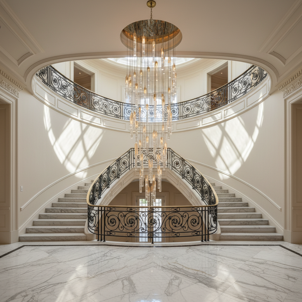 Riviko Grand Lumina Cylinder Crystal Chandelier - dramatic American stairwell with soaring ceiling