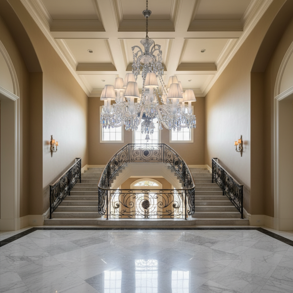 Riviko Zenith Grandeur 18-Light Chandelier - dramatic American stairwell with soaring ceiling