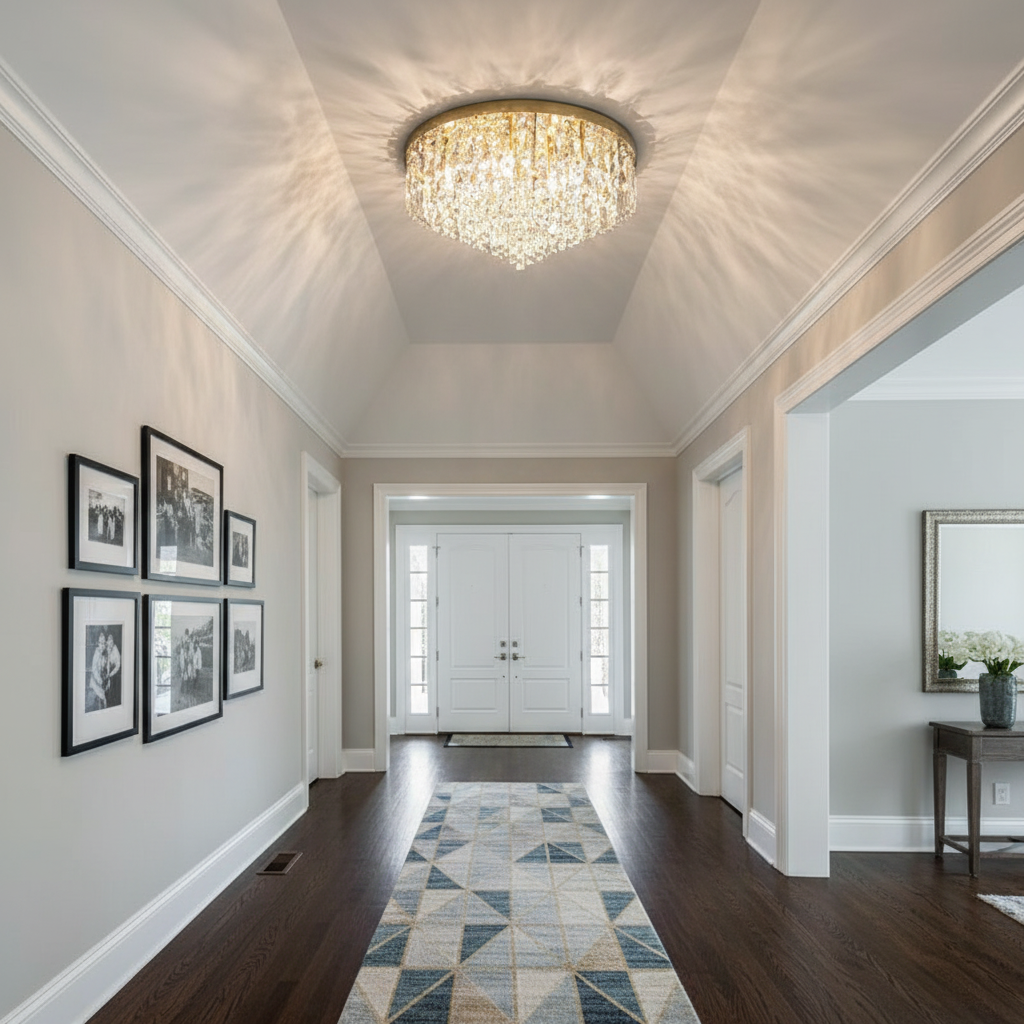 Riviko Grand Radiance Round Flush Mount Chandelier - American transitional hallway