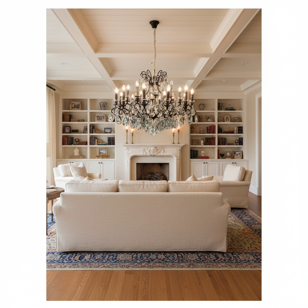 Riviko Obsidian Bloom Round Chandelier - luxurious American living room with tray ceiling
