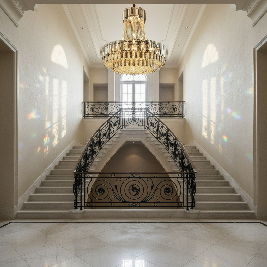 Riviko Radiant Aura Crystal Chandelier - dramatic American stairwell with soaring ceiling