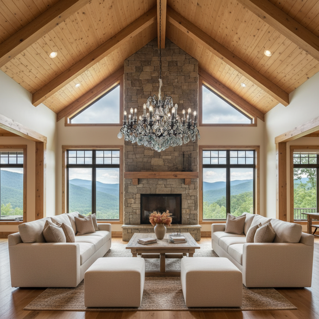 Riviko Obsidian Bloom Round Chandelier - American transitional great room with cathedral ceiling