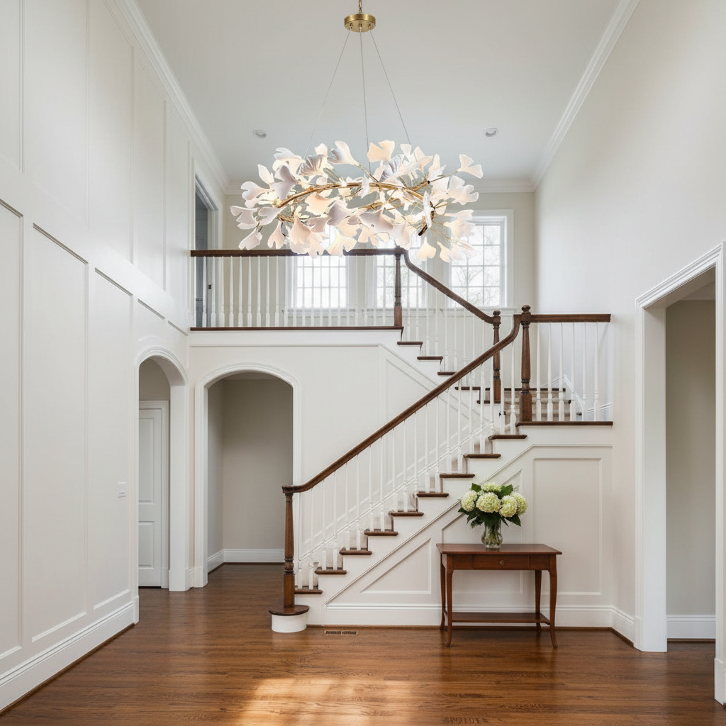 Riviko Ginkgo Bloom Round Chandelier - elegant American entryway with arched doorway