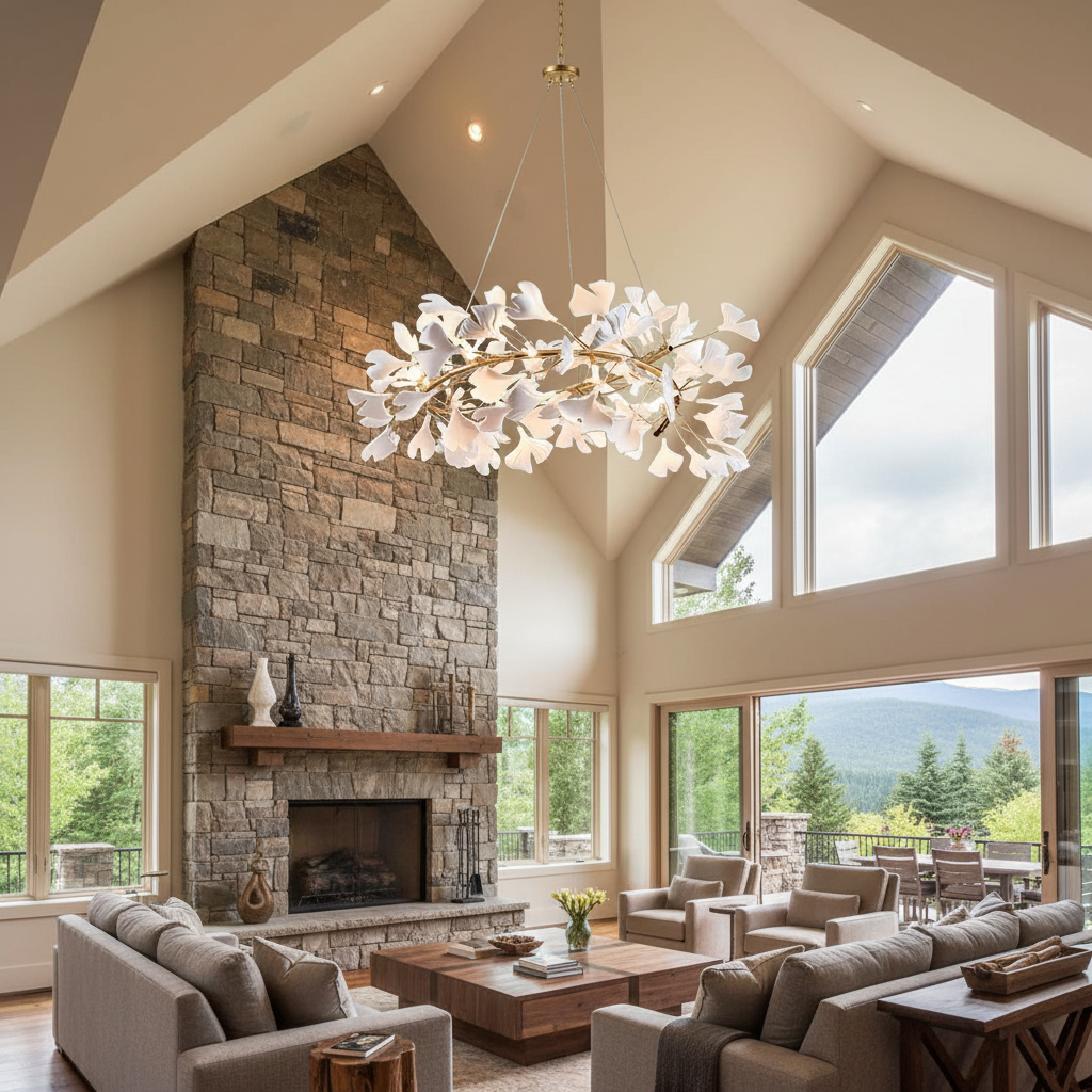 Riviko Ginkgo Bloom Round Chandelier - American transitional great room with cathedral ceiling