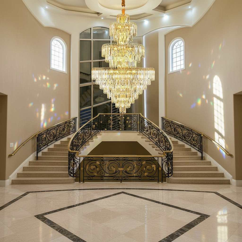Riviko Grand Radiance Round K9 Crystal Chandelier - dramatic American stairwell with soaring ceiling