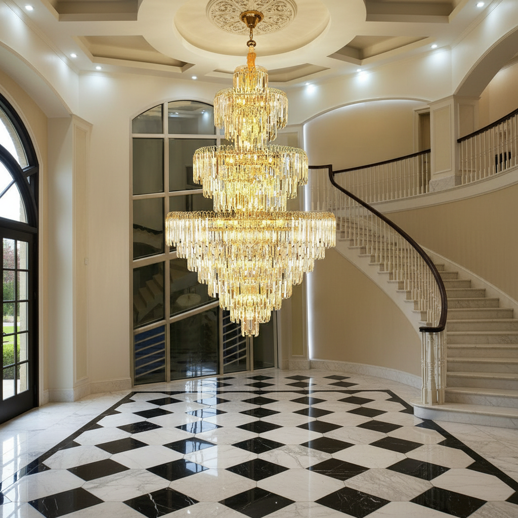 Riviko Grand Radiance Round K9 Crystal Chandelier - grand American estate foyer