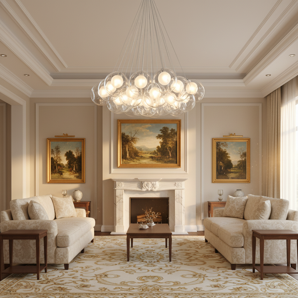 Riviko Aura Orb Modern Glass Chandelier - American formal living room with 12-foot ceilings