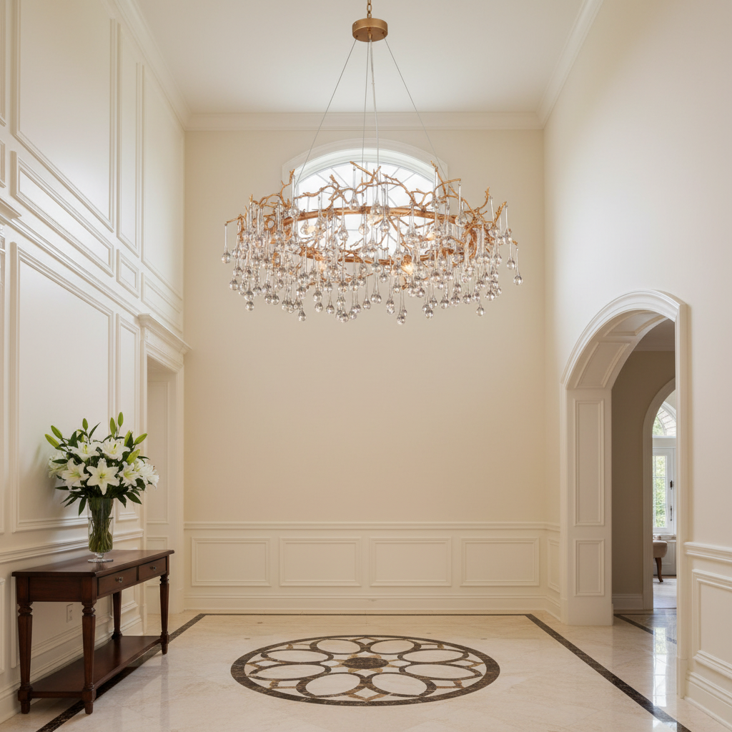 Riviko Veridian Bloom Round Chandelier - elegant American entryway with arched doorway