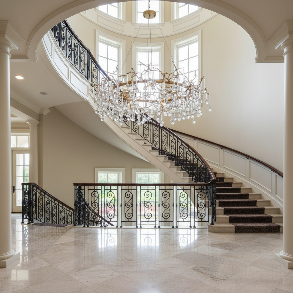 Riviko Veridian Bloom Round Chandelier - dramatic American stairwell with soaring ceiling