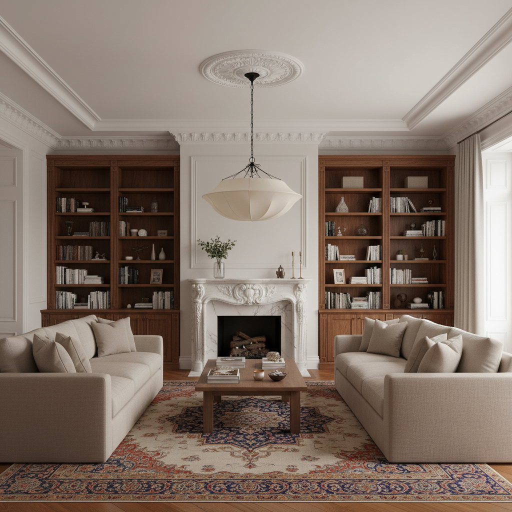 Riviko Heritage Silk Canopy Chandelier - luxurious American living room with tray ceiling