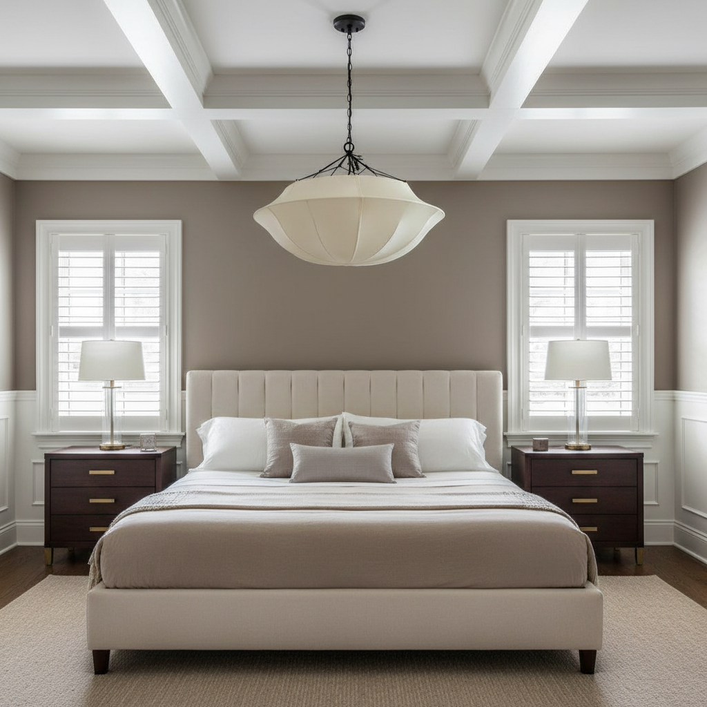 Riviko Heritage Silk Canopy Chandelier - American master bedroom with coffered ceiling