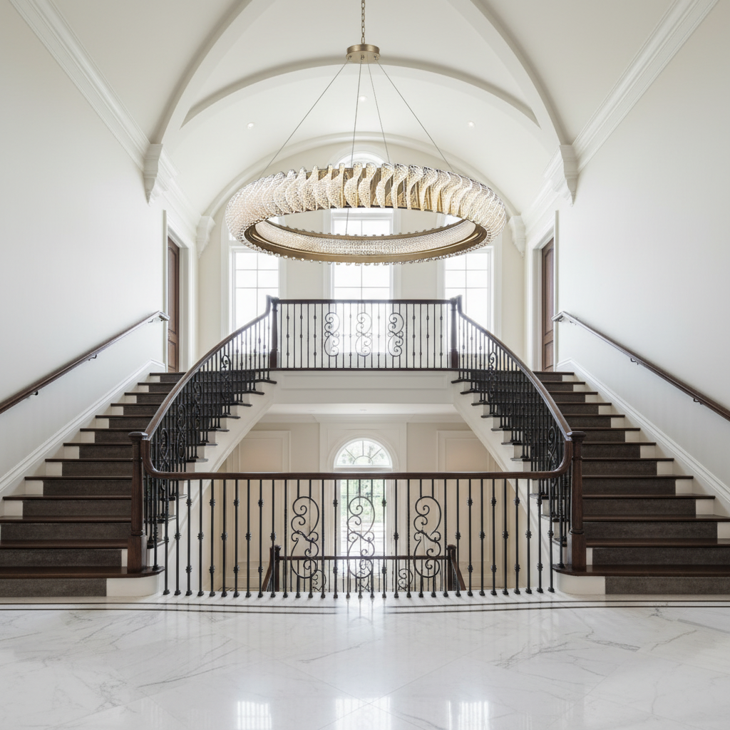 Riviko Grand Luminous Ring Chandelier - dramatic American stairwell with soaring ceiling