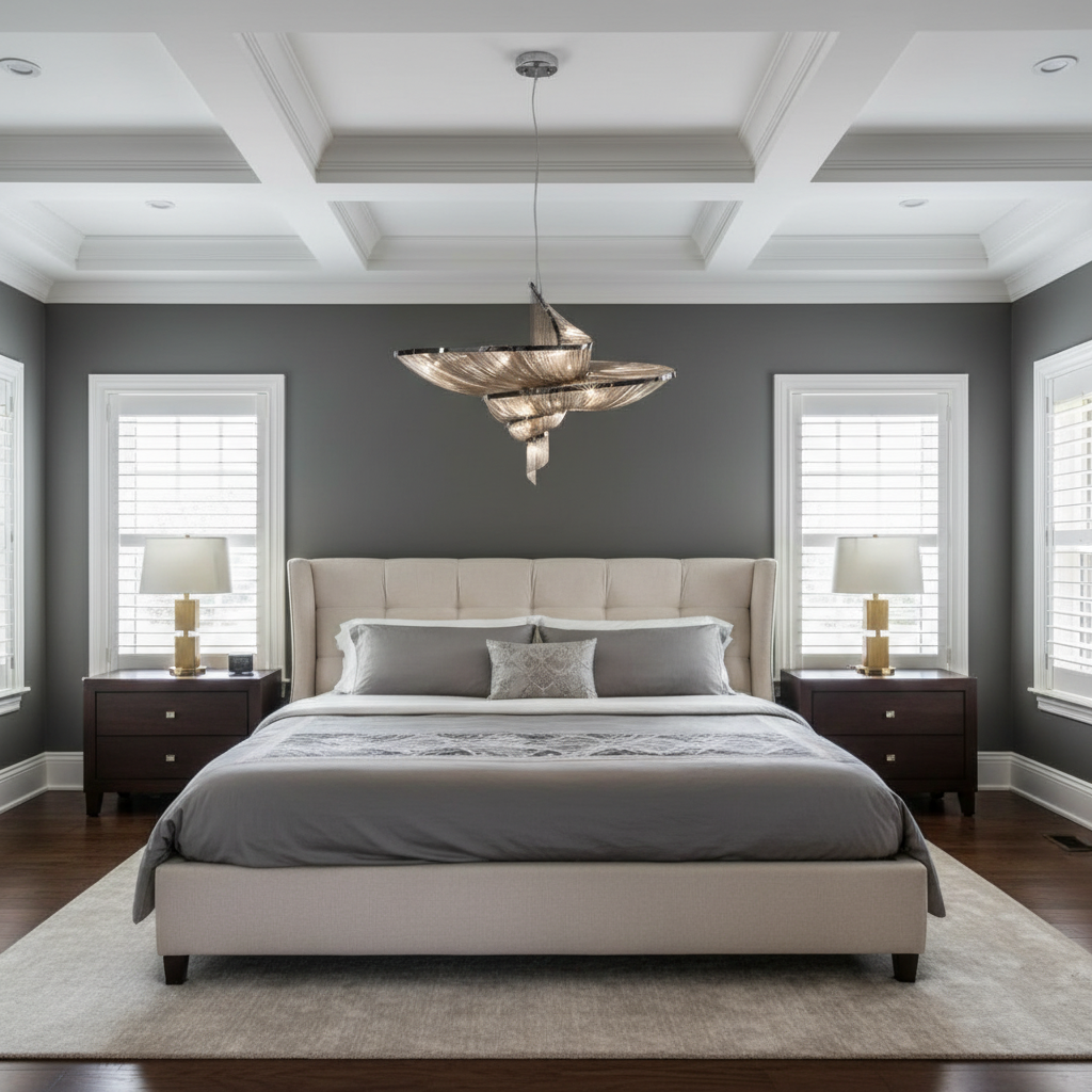 Riviko Radiant Cascade Aluminum Tassel Chandelier - American master bedroom with coffered ceiling