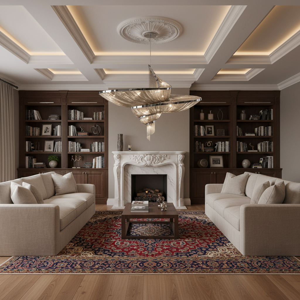 Riviko Radiant Cascade Aluminum Tassel Chandelier - luxurious American living room with tray ceiling