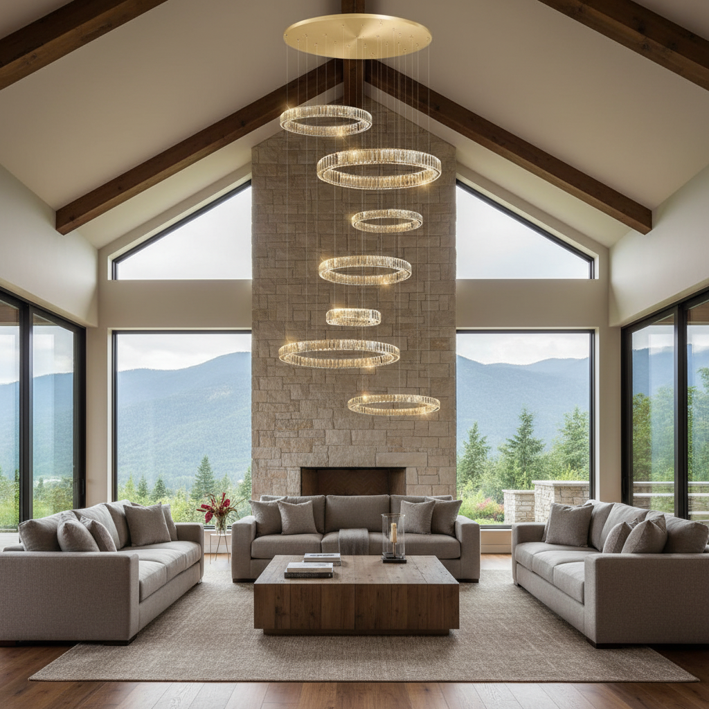 Riviko Radiant Halo Layered Ring Chandelier - American transitional great room with cathedral ceiling