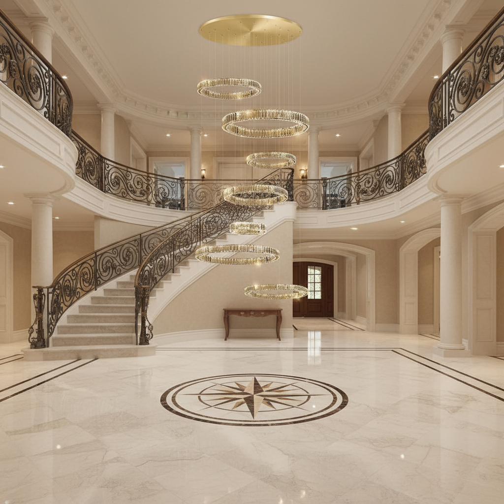 Riviko Radiant Halo Layered Ring Chandelier - grand American foyer with two-story ceiling