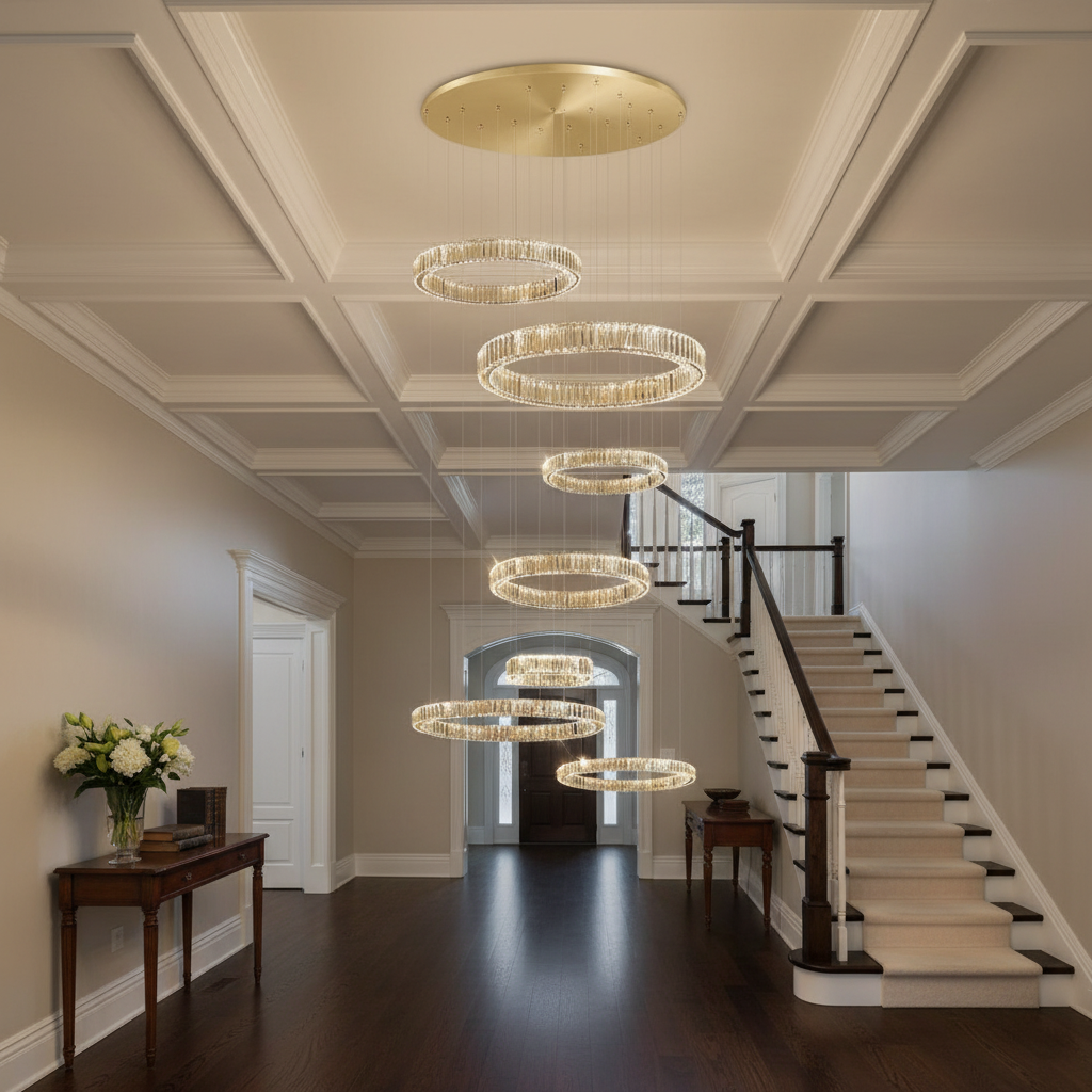 Riviko Radiant Halo Layered Ring Chandelier - elegant American entryway with arched doorway