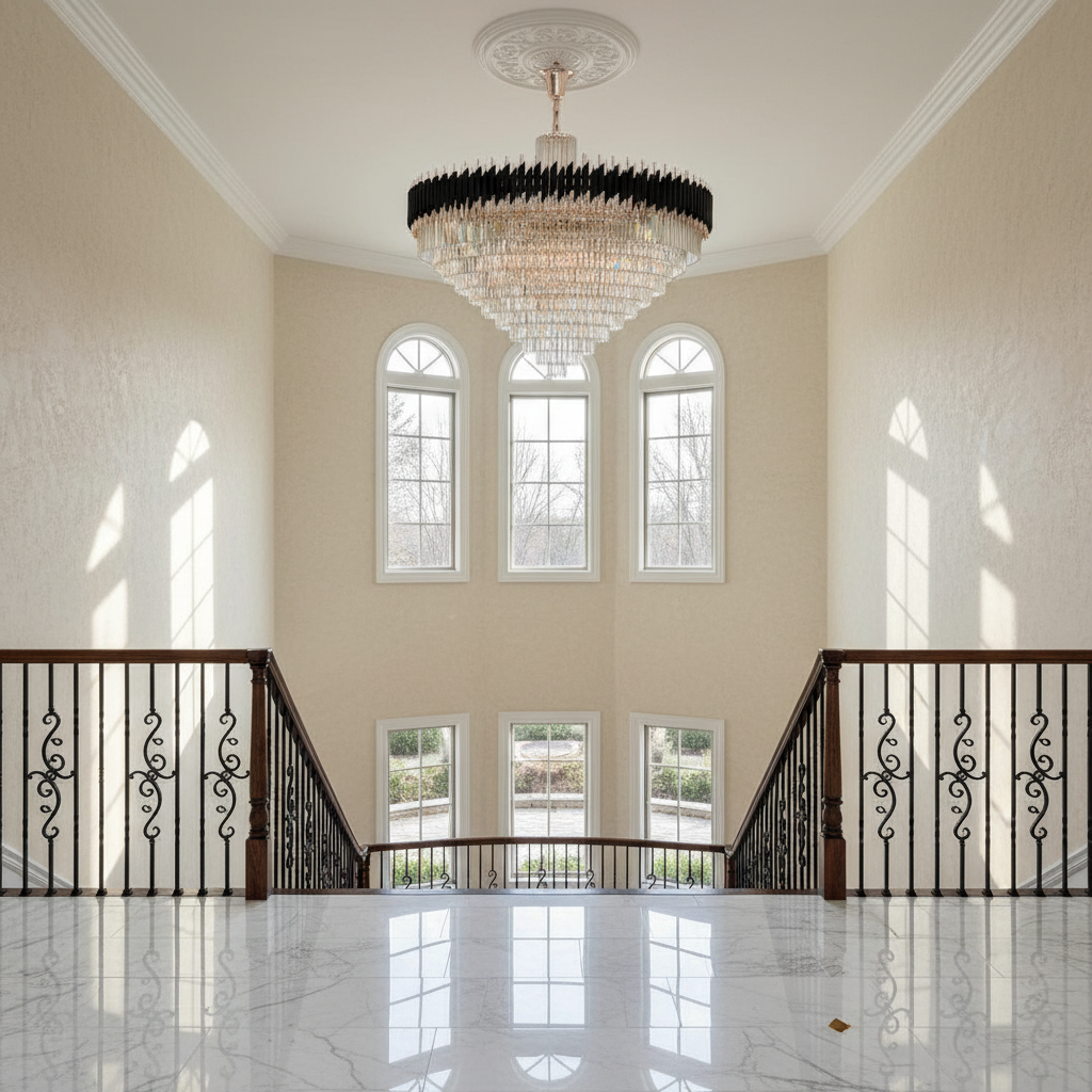 Riviko 60 Inch Luxury Modern Round Crystal Chandelier Lighting for Living Room - dramatic American stairwell with soaring ceiling