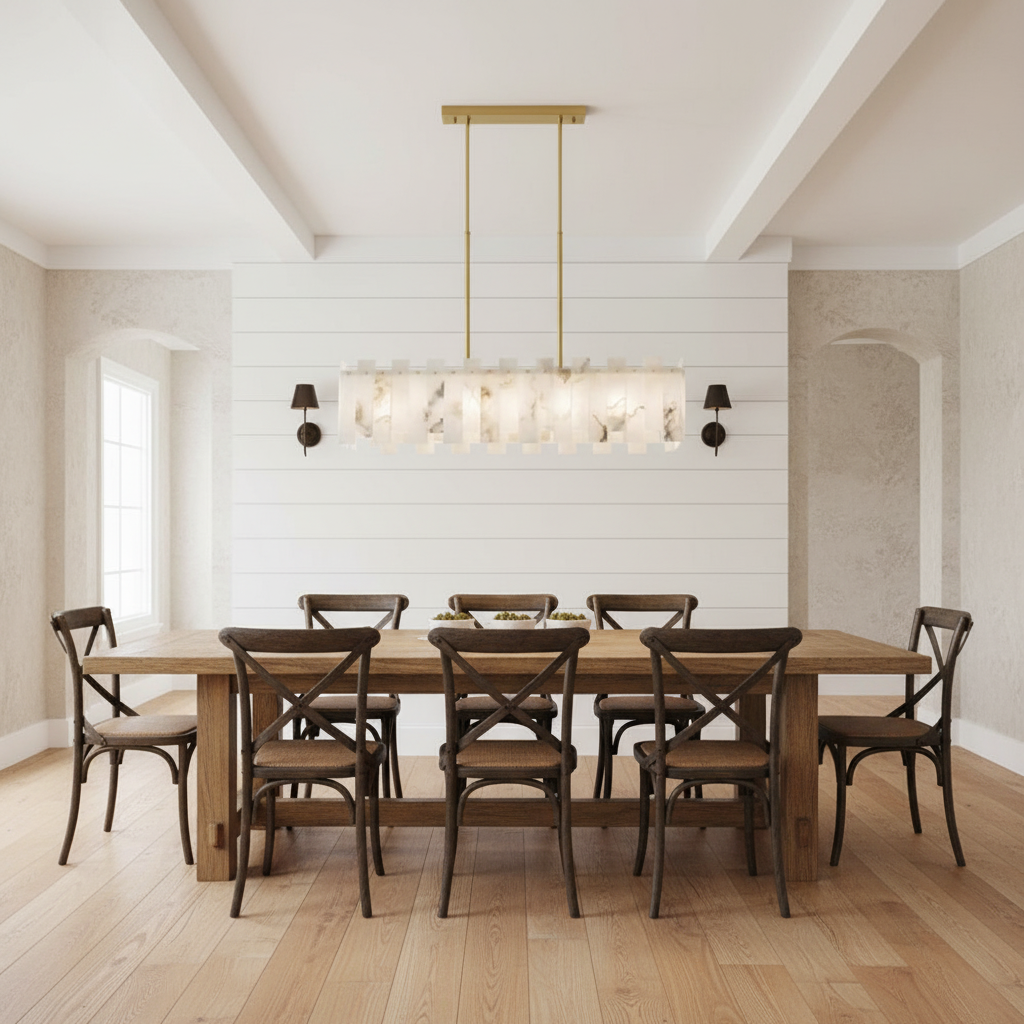 Riviko Alabaster Horizon Linear Chandelier - modern American farmhouse dining room