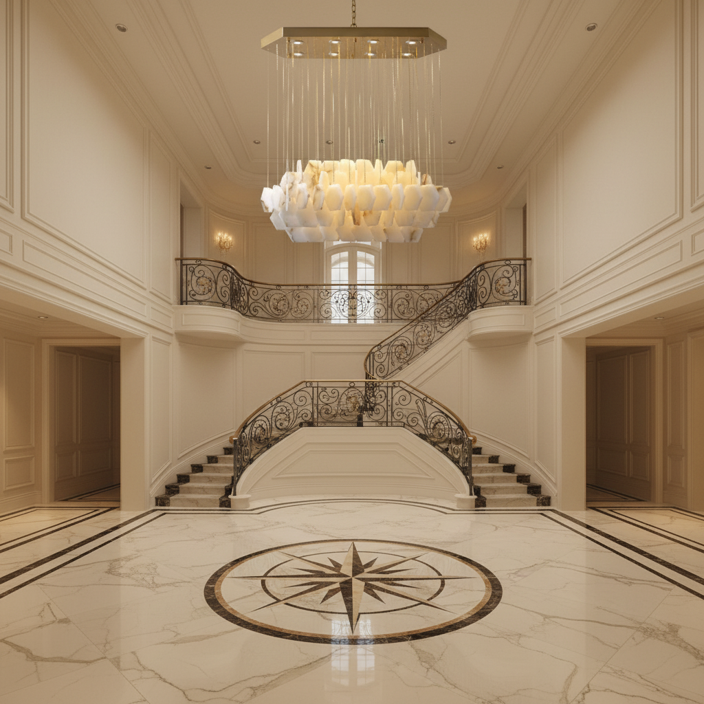 Riviko Alabaster Horizon Modern Chandelier - grand American foyer with two-story ceiling