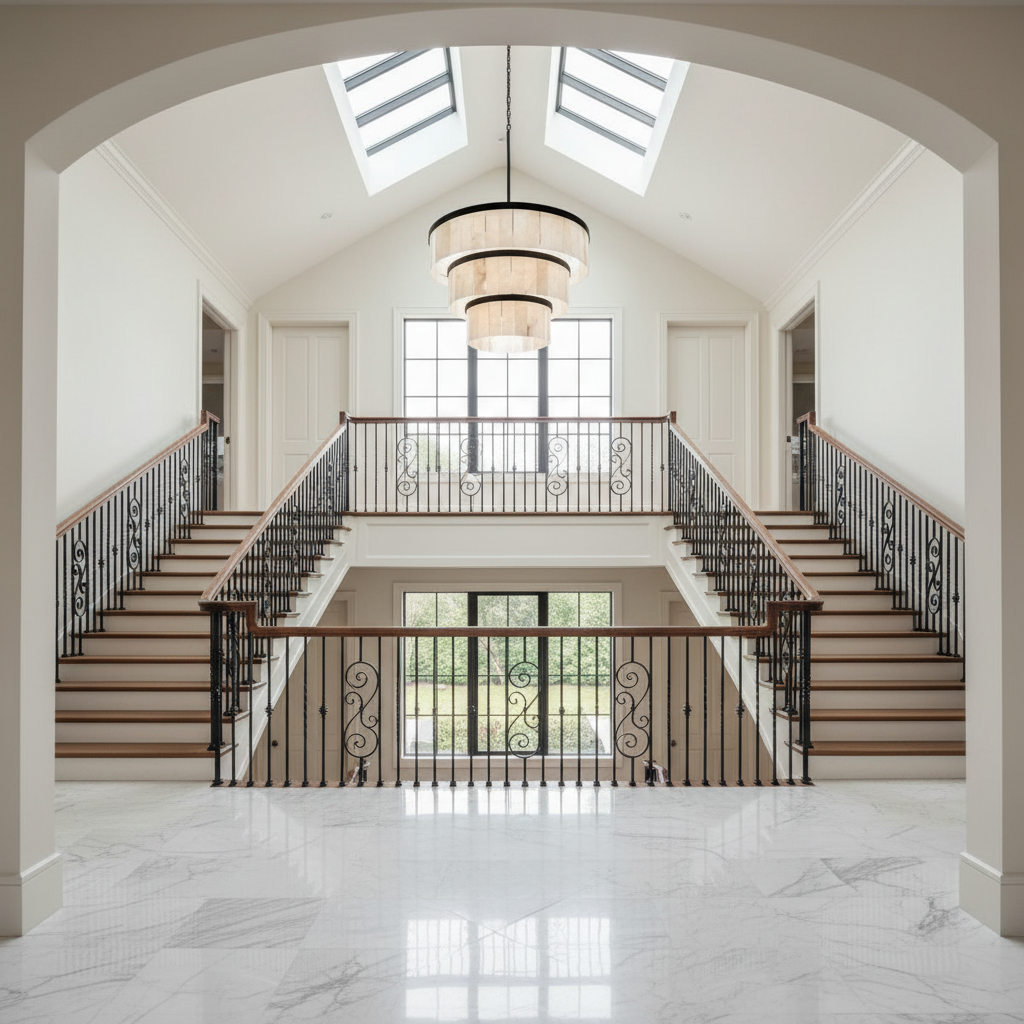 Riviko Alabaster Grand Tiered Chandelier - dramatic American stairwell with three-story void