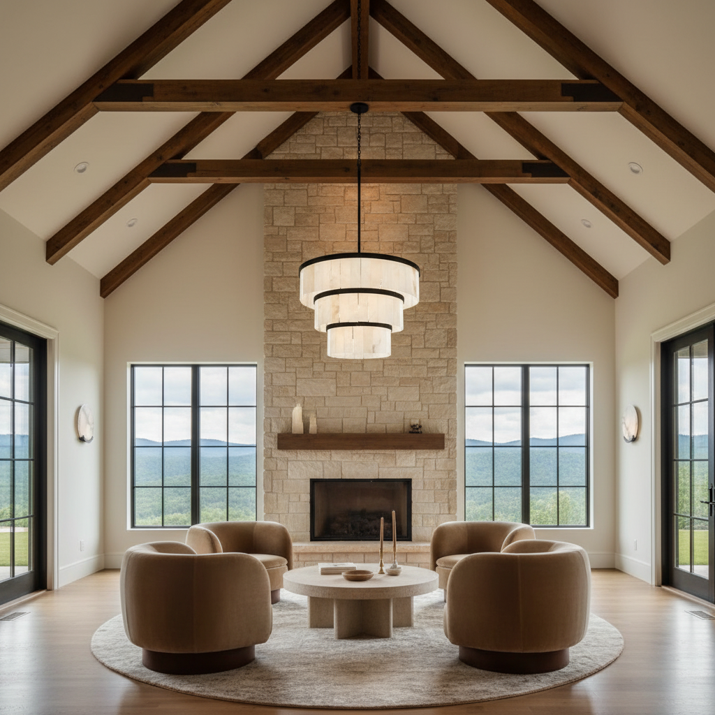 Riviko Alabaster Grand Tiered Chandelier - luxury American great room with cathedral ceiling