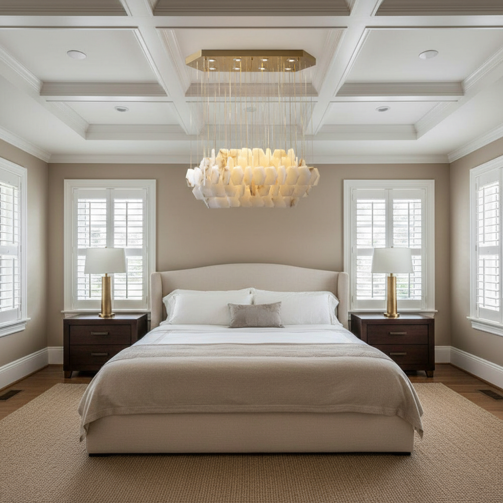 Riviko Alabaster Horizon Modern Chandelier - American master bedroom with coffered ceiling