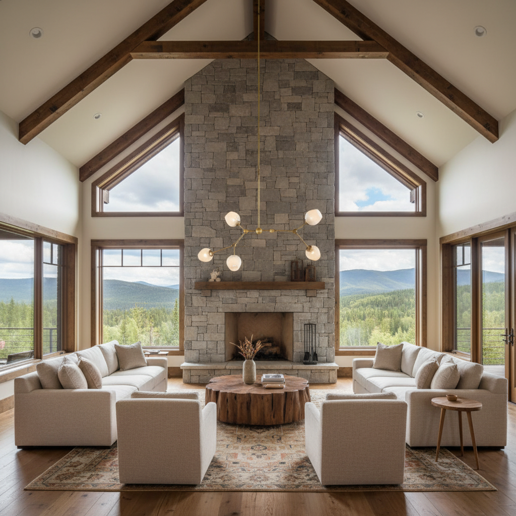 Riviko Aura Grandeur Brass Chandelier 52'' - American transitional great room with cathedral ceiling