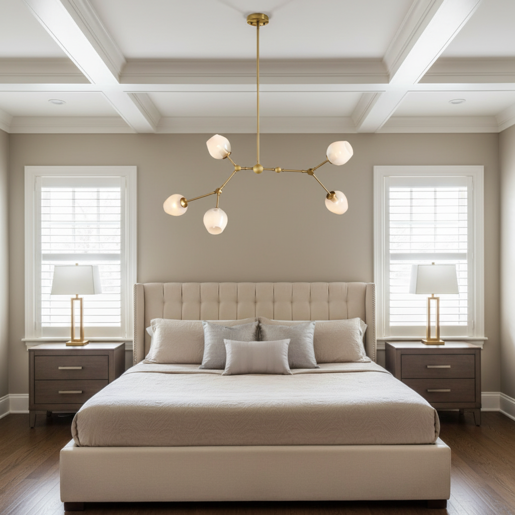 Riviko Aura Grandeur Brass Chandelier 52'' - American master bedroom with coffered ceiling