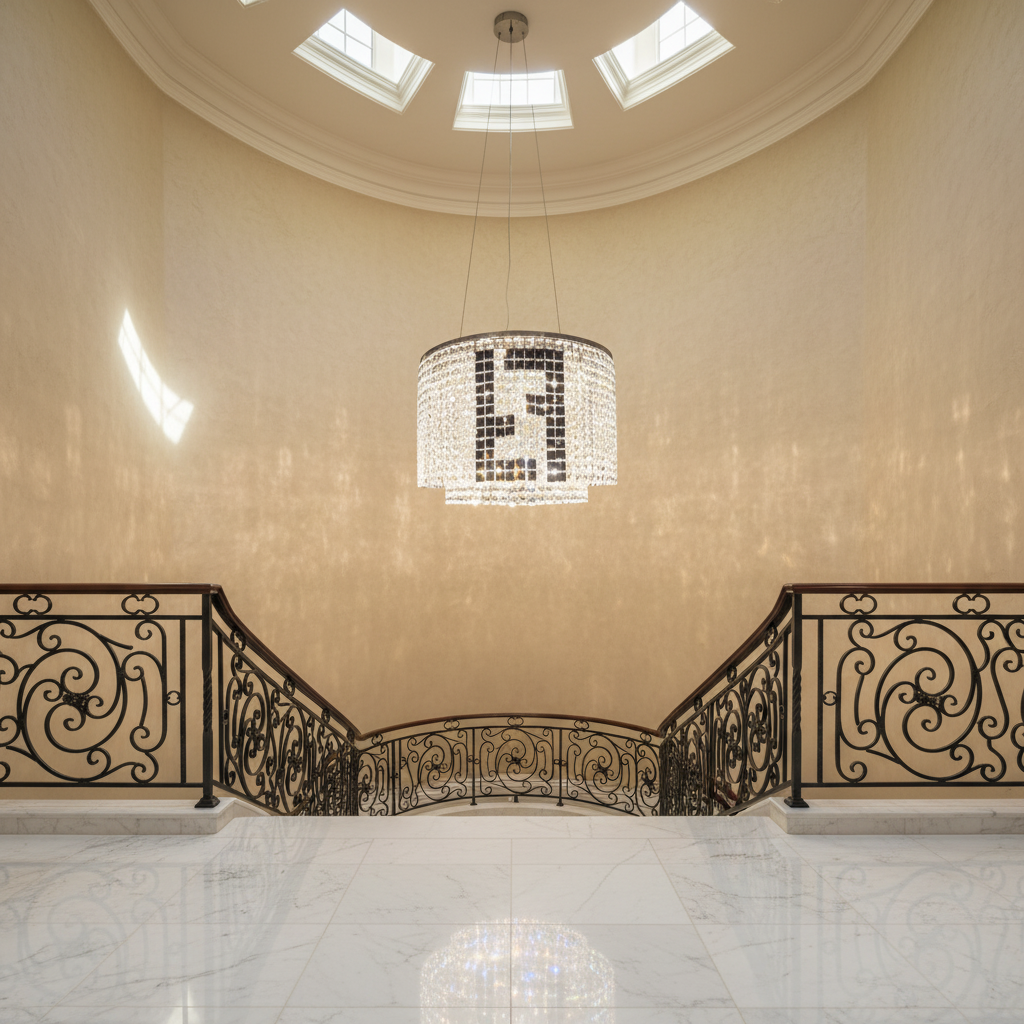 Riviko Radiant Aura Modern Crystal Chandelier - dramatic American stairwell with soaring ceiling