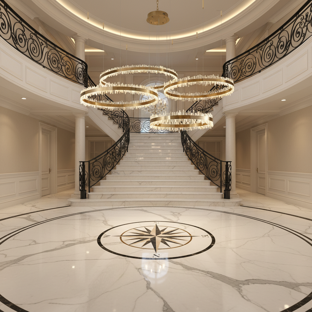Riviko Aura Quartz Ring Chandelier - grand American foyer with two-story ceiling