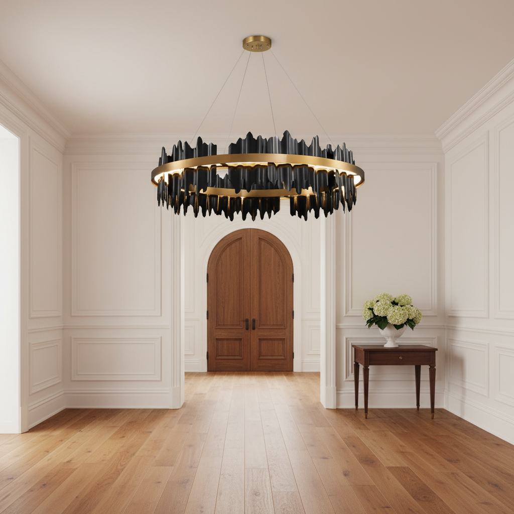 Riviko Radiant Halo Round Chandelier - elegant American entryway with arched doorway